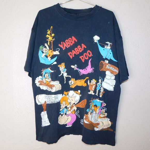 Vintage RARE Flintstones Tee Shirt Adult XL Cartoon All Over Print Graphic 90s
